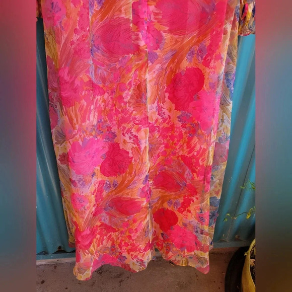 Vintage Pink Floral Chiffon Dress  Long Sleeves Long Small 70s Mrs, Roper - Picture 11 of 12